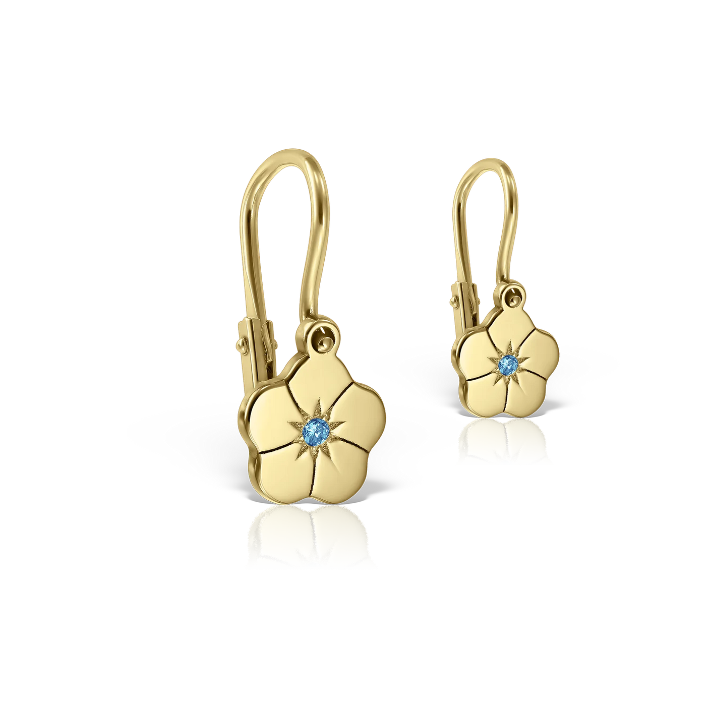 Cercei Baby Floare de Nu-Ma-Uita cu diamante albastre, din aur galben,  cu tortiţe