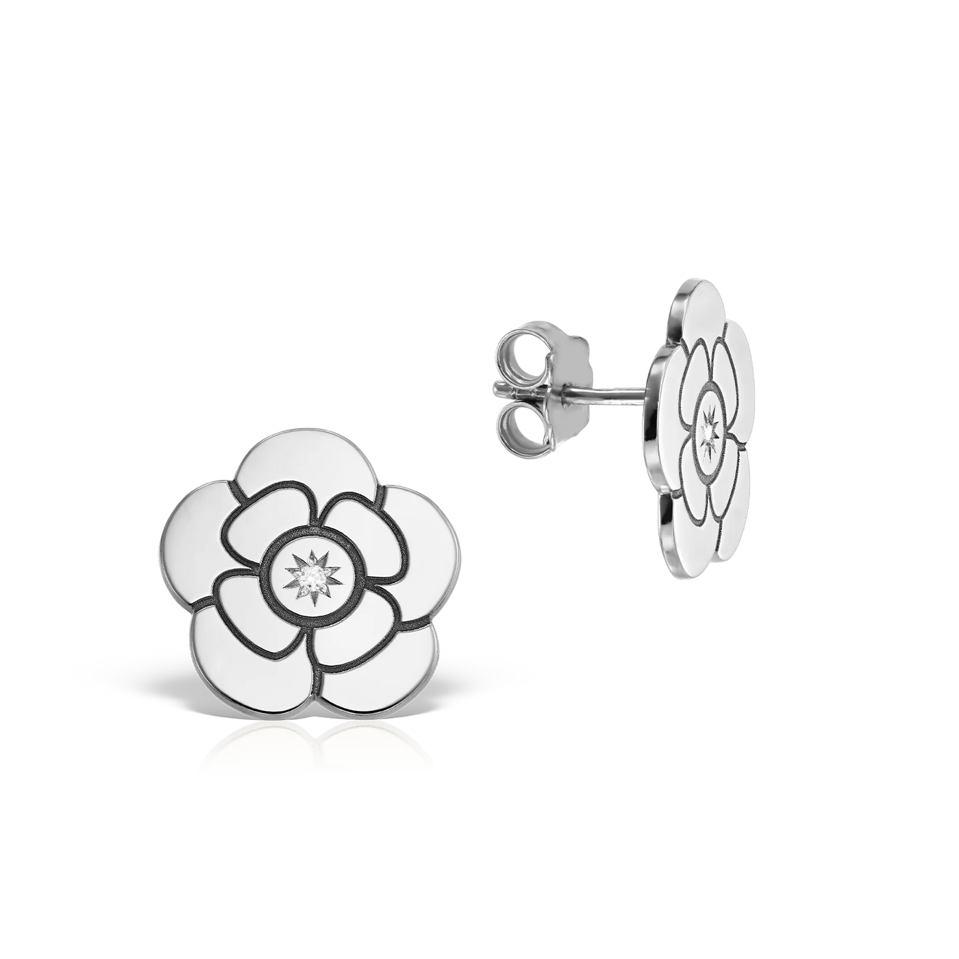 Cercei Camelie cu diamante albe, din aur alb, cu tija