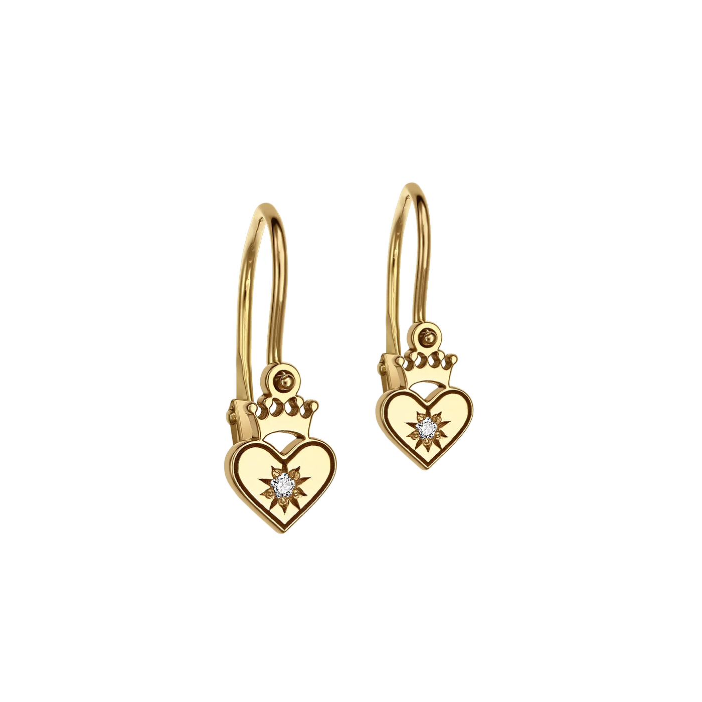 Cercei Baby Inimi si Coroane cu diamante albe, din aur galben, cu tortite