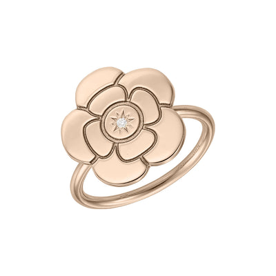Ring Camellia with white diamond, in rose gold - zeaetsia