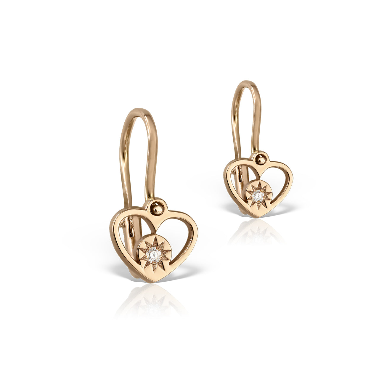 Baby Earrings Circle in a Heart with white diamonds, in rose gold - zeaetsia