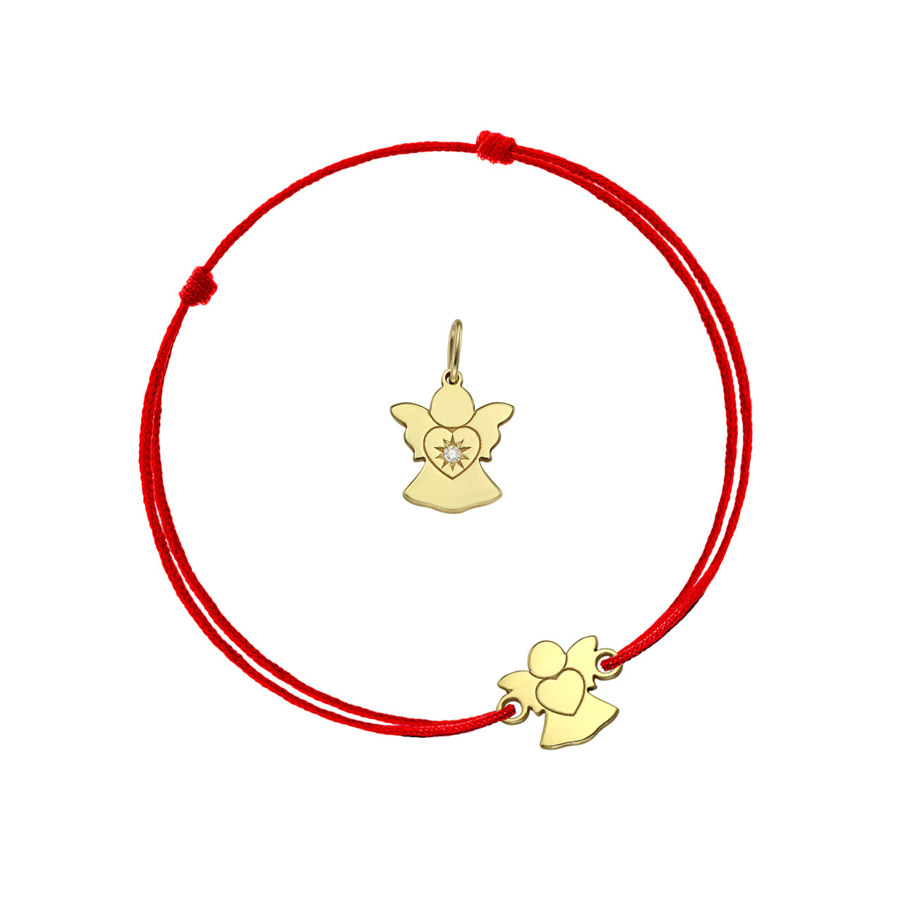 Mother&Baby Heart's Angel Pendant&Bracelet on string with white diamond, in yellow gold - zeaetsia