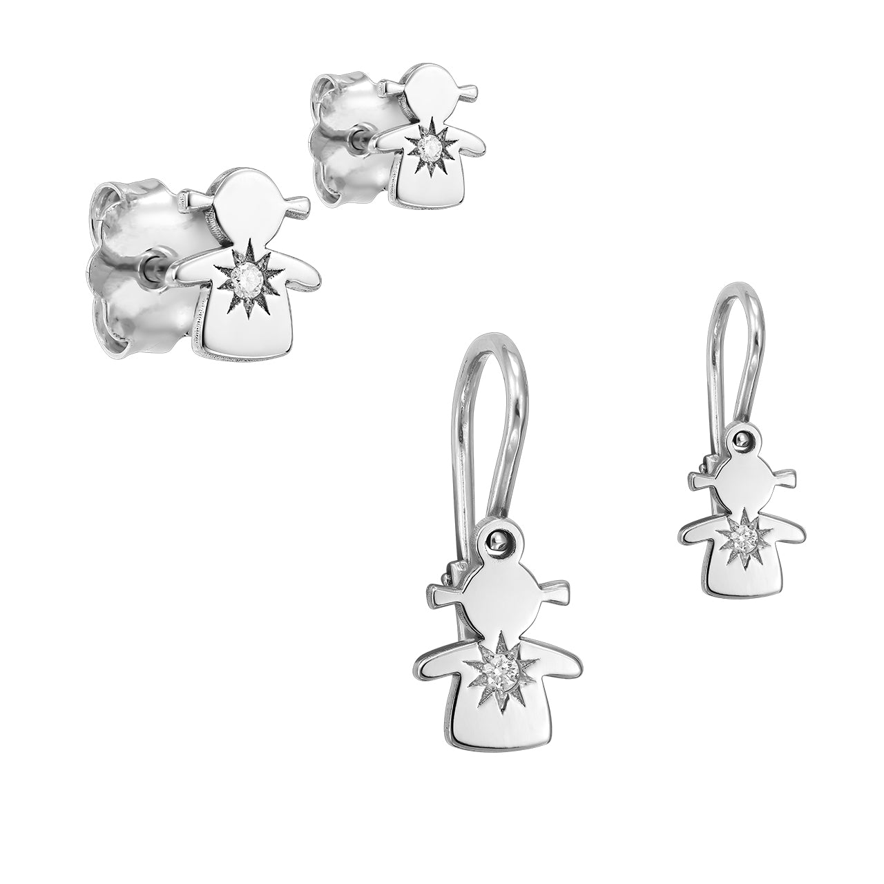 Mother&Baby Earrings Baby Girl with white diamonds, in white gold - zeaetsia