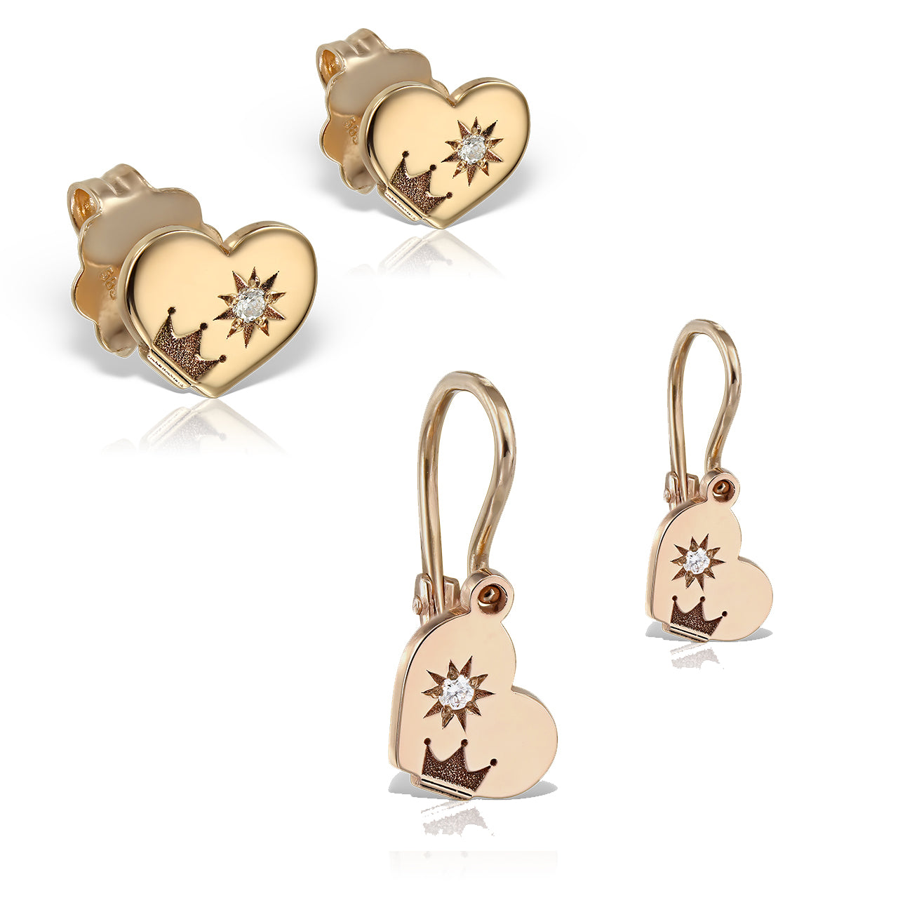 Mother&Baby Earrings Hearts and Crowns with white diamonds, in rose gold - zeaetsia