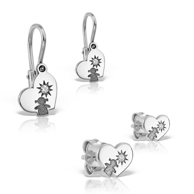 Mother&Baby Earrings Heart of a Girl with white diamonds in white gold - zeaetsia