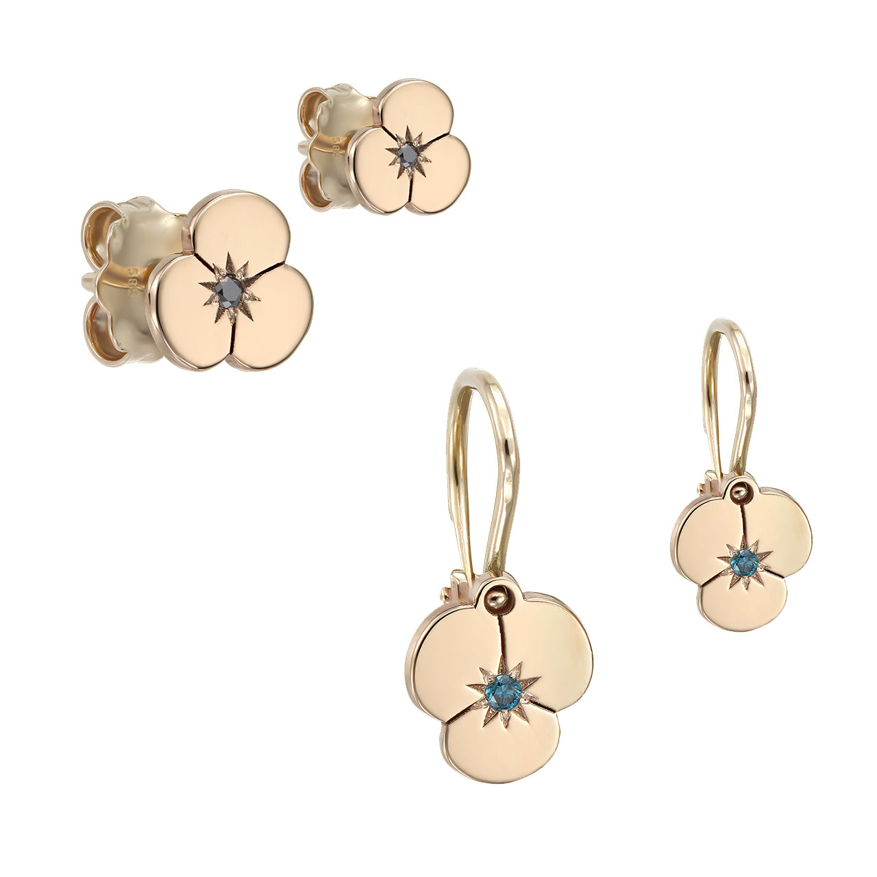 Mother&Baby Earrings Missing Summer with black and blue diamonds, in rose gold - zeaetsia