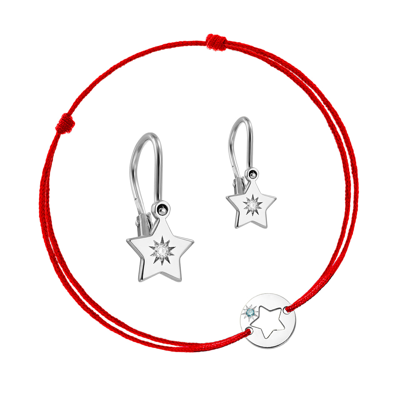 Mother&Baby Earrings&Bracelet on string Lucky Star, with diamonds, in white gold - zeaetsia