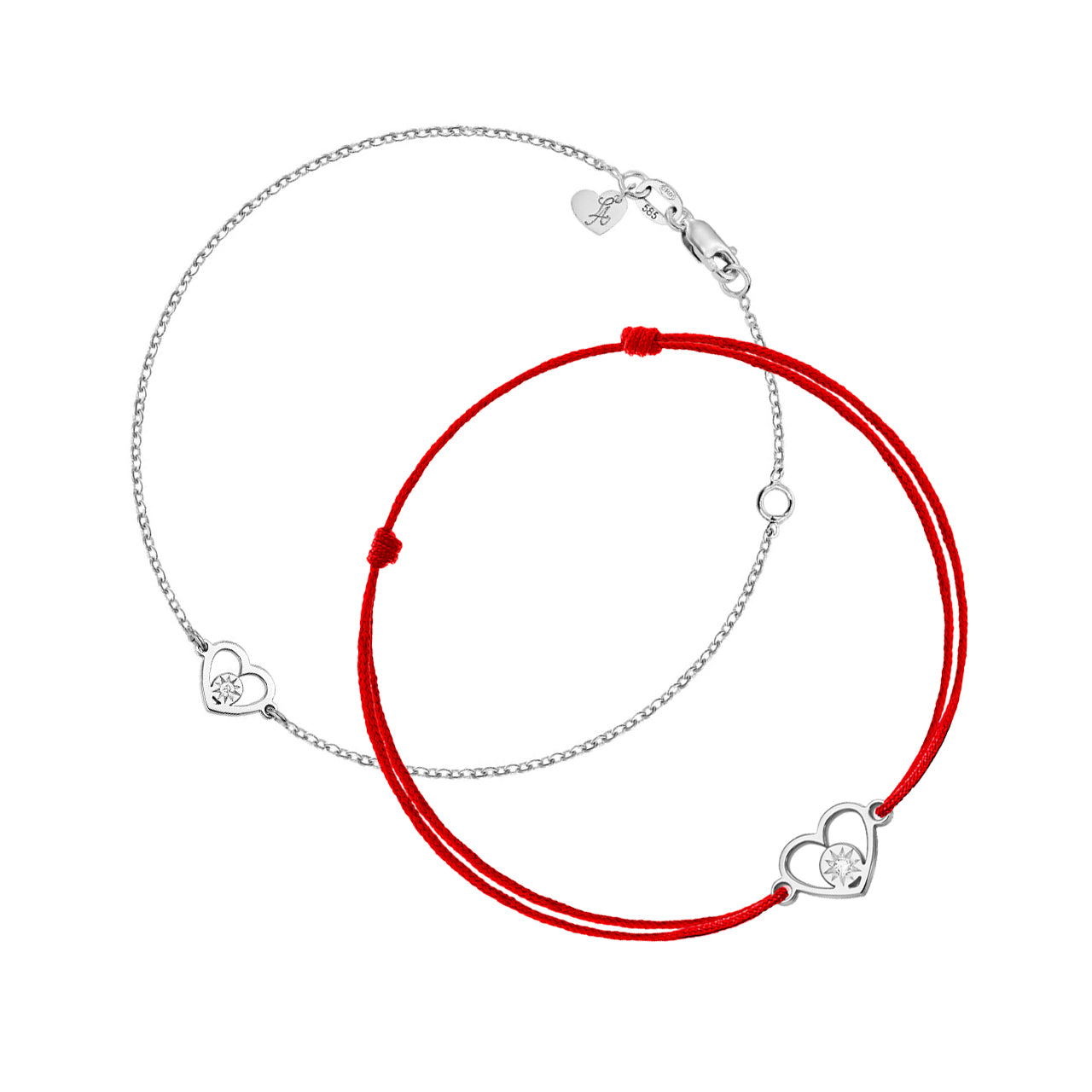 Mother&Baby Bracelets Circle in a Heart with white diamond, in white gold - zeaetsia