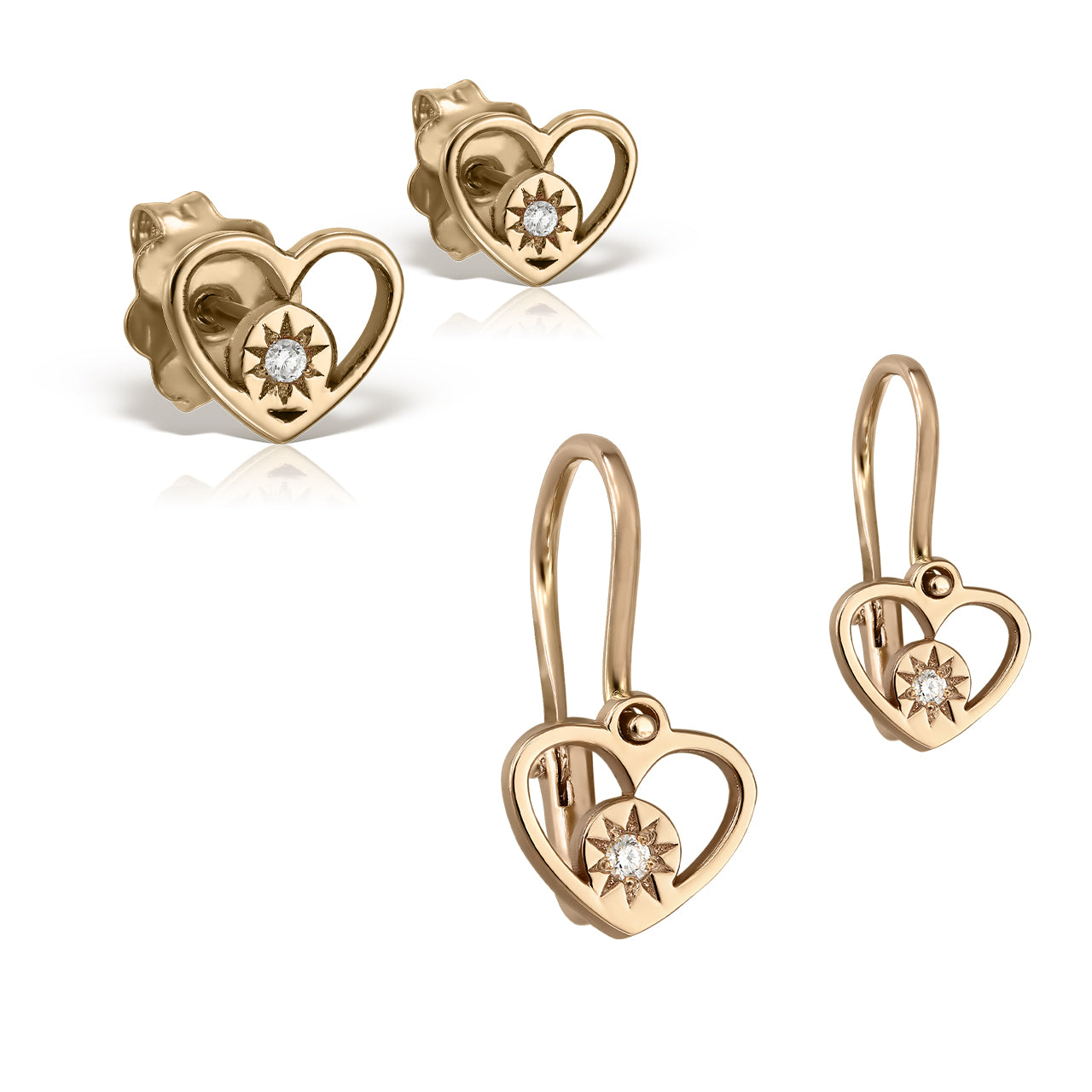 Mother&Baby Earrings Circle in a Heart with white diamonds, in rose gold - zeaetsia