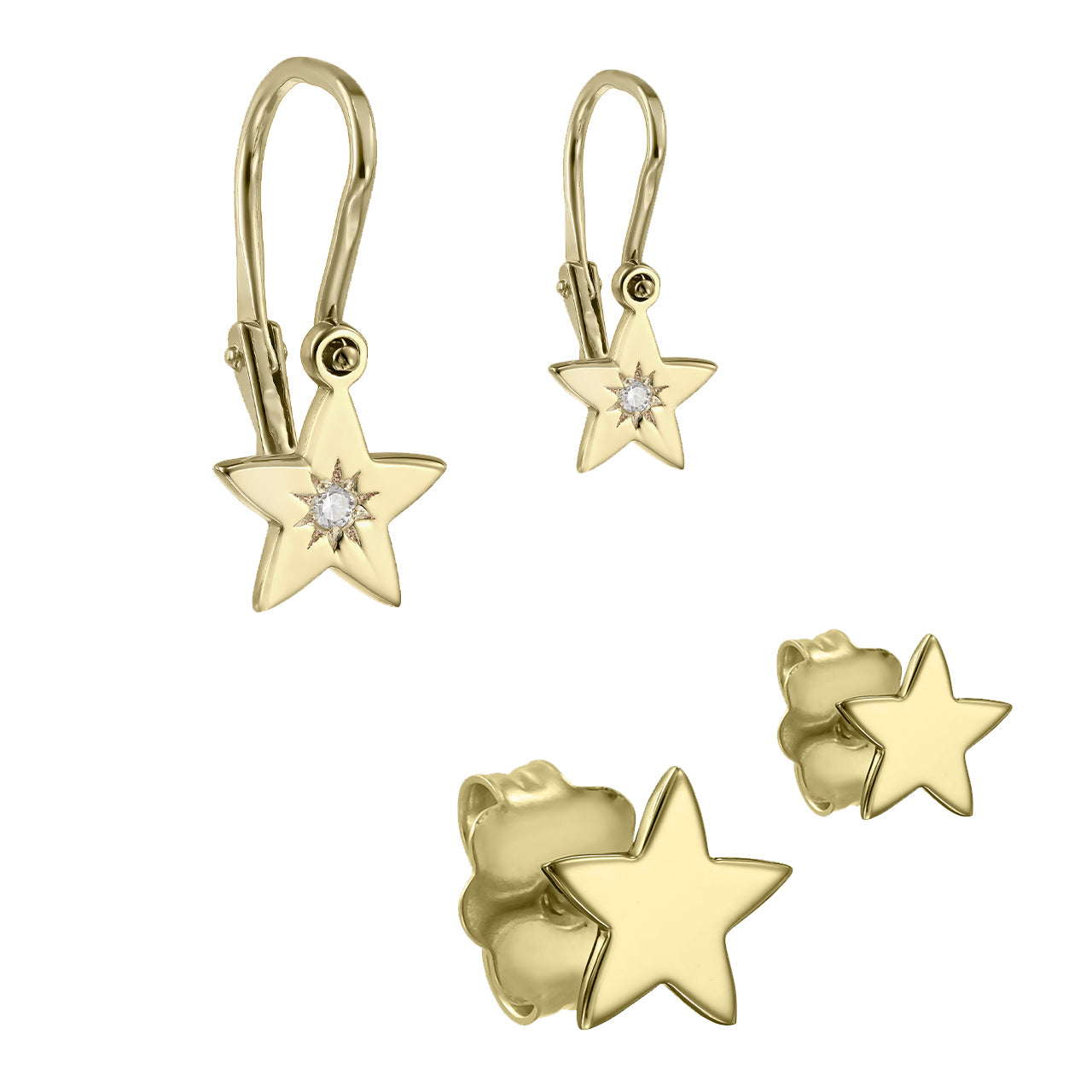 Mother&Baby Earrings Shiny Star with white diamonds, in yellow gold - zeaetsia