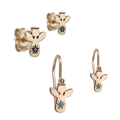 Mother&Baby Earrings Baby Angel with black and blue diamonds, in rose gold - zeaetsia