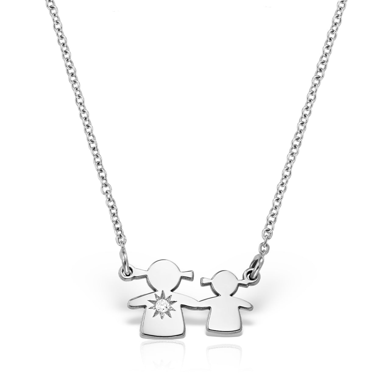 Necklace Mother&Daughter pendant with white diamond, in white gold - zeaetsia