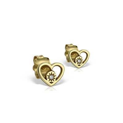 Stud Earrings Circle in a Heart with white diamonds, in yellow gold - zeaetsia