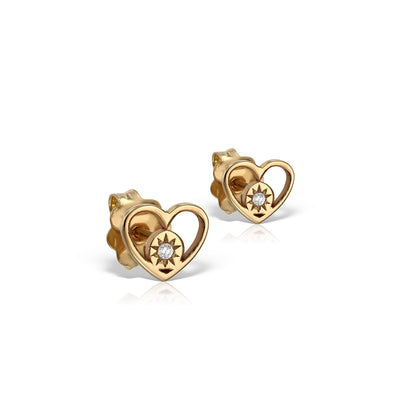 Stud Earrings Circle in a Heart with white diamonds, in rose gold - zeaetsia
