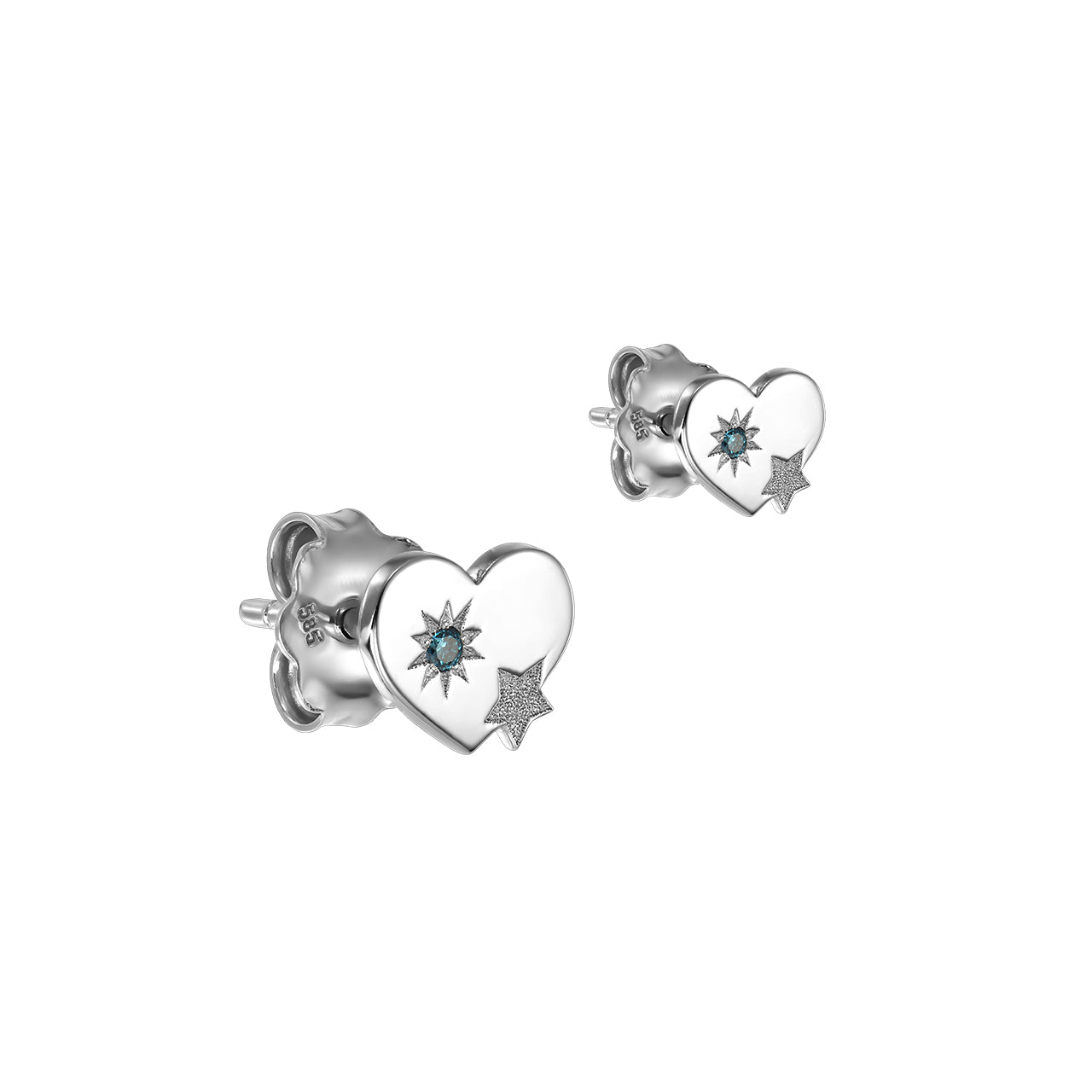 Stud Earrings Hearts with Stars with blue diamons, in white gold - zeaetsia
