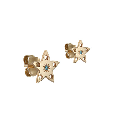 Stud Earrings Shiny Star Constellation with blue diamonds, in rose gold - zeaetsia