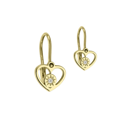 Baby Earrings Circle in a Heart with white diamonds, in yellow gold - zeaetsia