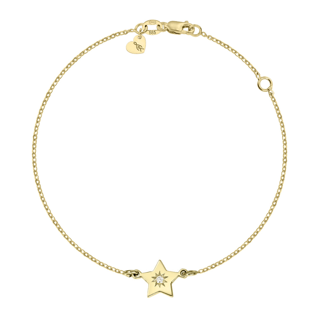 Bracelet on chain Lucky Star with white diamond, in yellow gold - zeaetsia