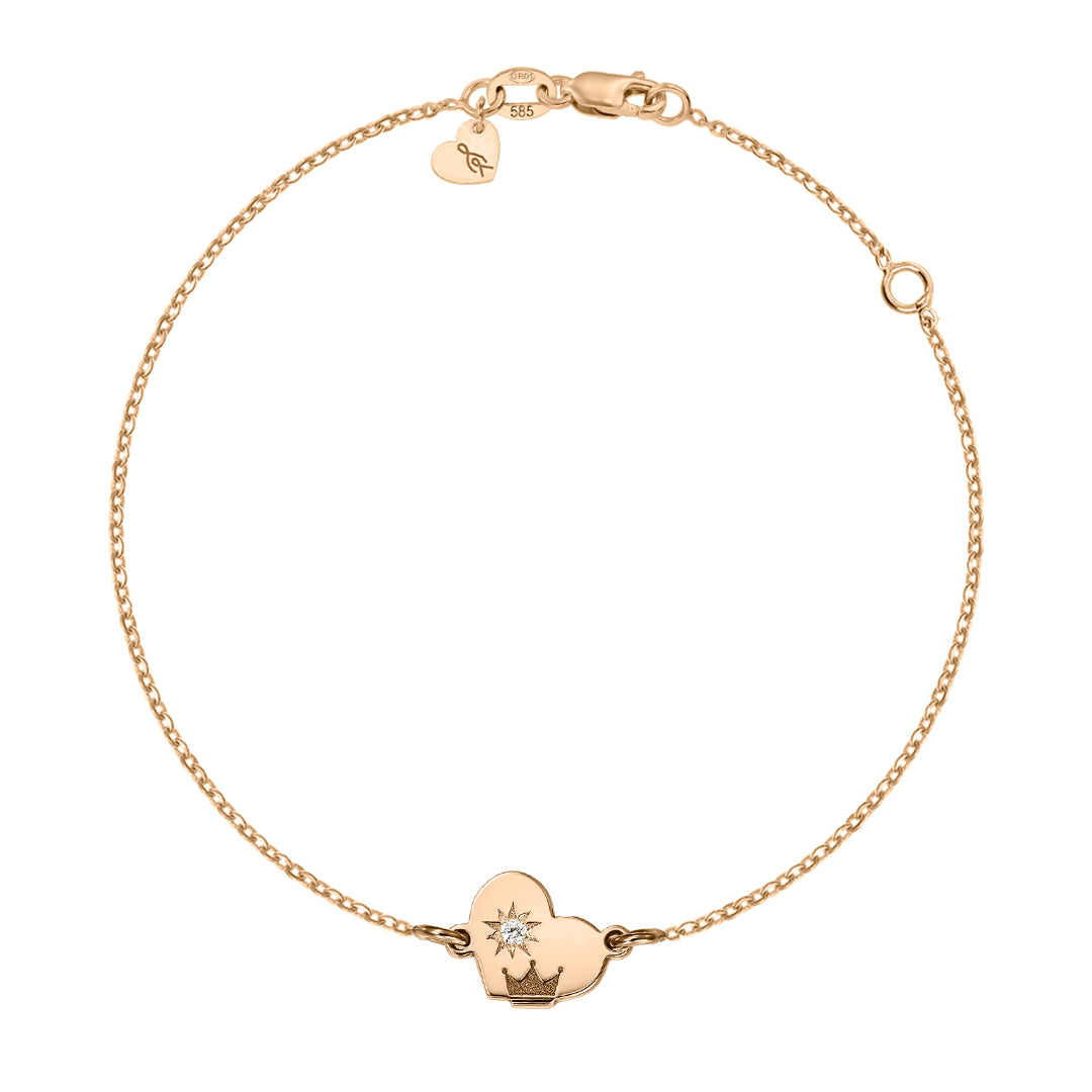 Baby Bracelet on chain Heart with a Crown with white diamond, in rose gold - zeaetsia