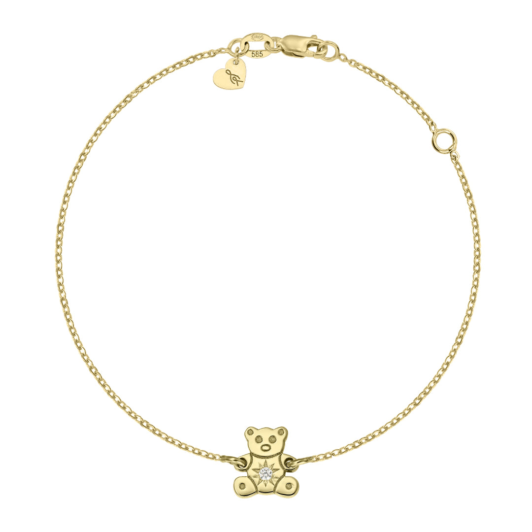 Baby Bracelet on chain Teddy Bear with white diamond, in yellow gold - zeaetsia
