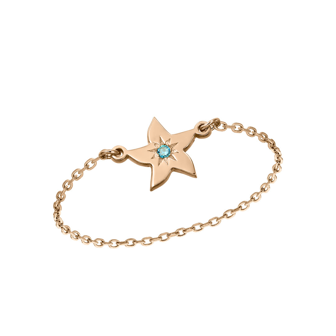 Ring on chain Starfish with blue diamond, in rose gold - zeaetsia