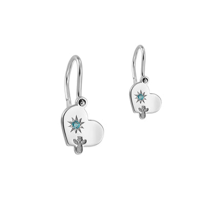 Baby Earrings Hearts and Angels with blue diamonds, in white gold - zeaetsia