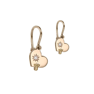 Baby Earrings Hearts and Angels with white diamonds in rose