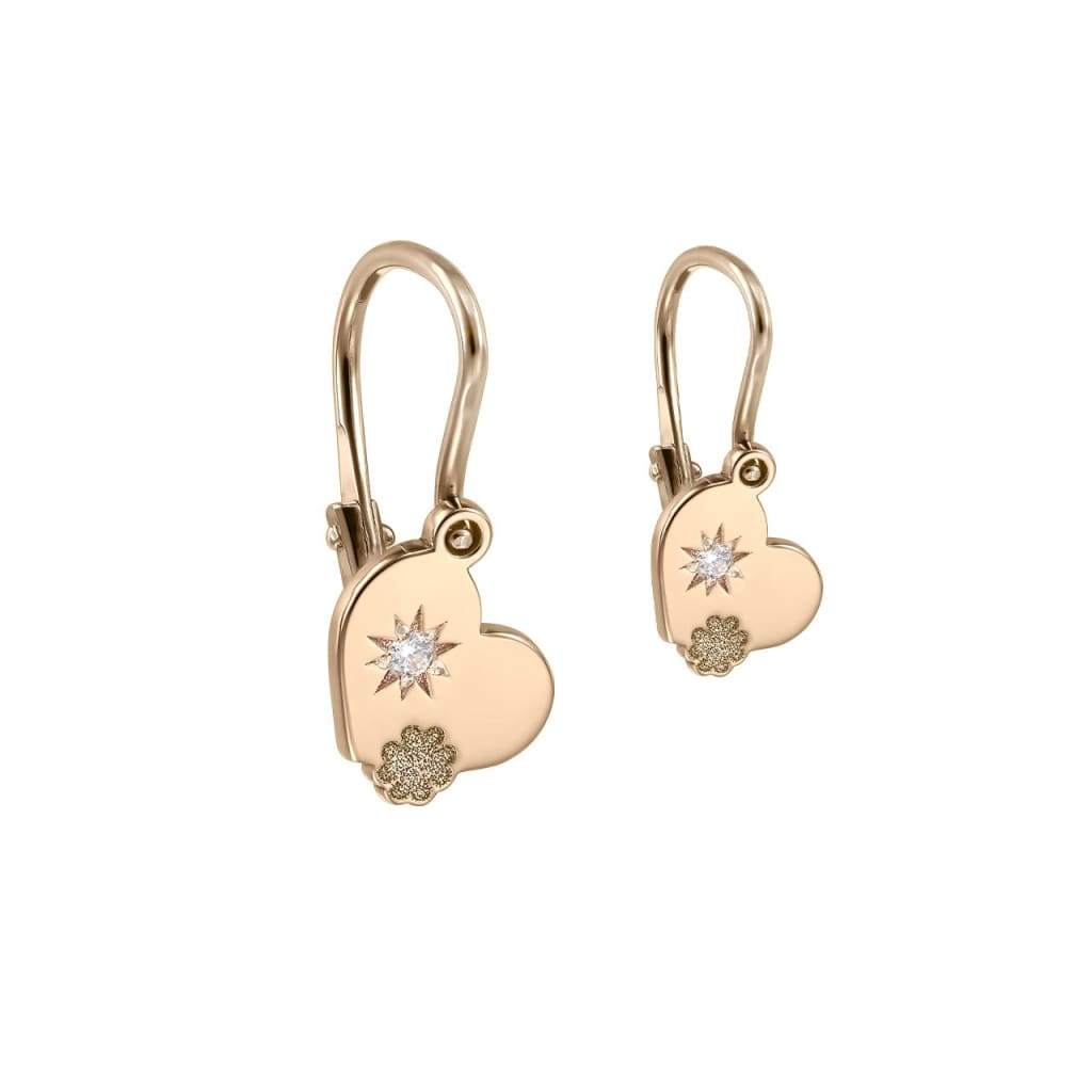 Baby Earrings Hearts and Clovers with white diamonds in rose