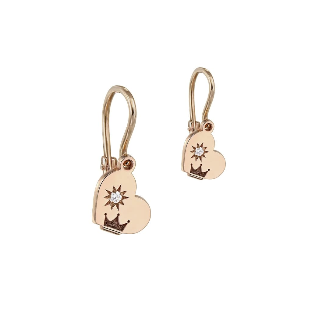 Baby Earrings Hearts and Crowns with white diamonds in rose