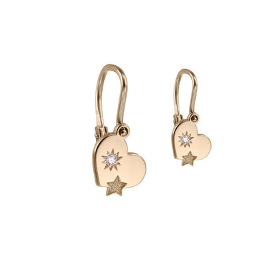 Baby Earrings Hearts with Stars with white diamonds in rose