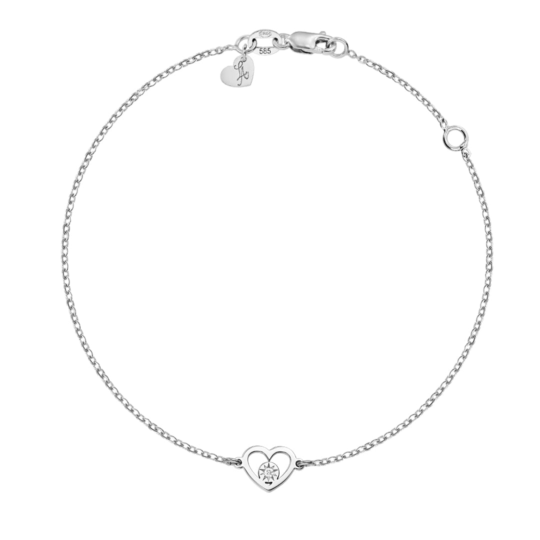 Bracelet on chain Circle in a Heart with white diamond, in white gold - zeaetsia