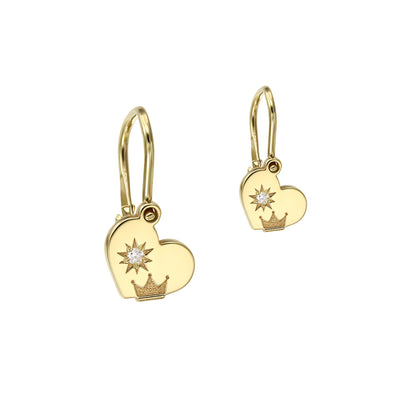 Baby Earrings Hearts and Crowns with white diamonds, in yellow gold - zeaetsia