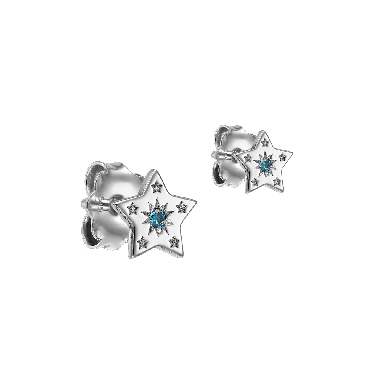 Stud Earrings Constellation Star with blue diamonds, in white gold - zeaetsia
