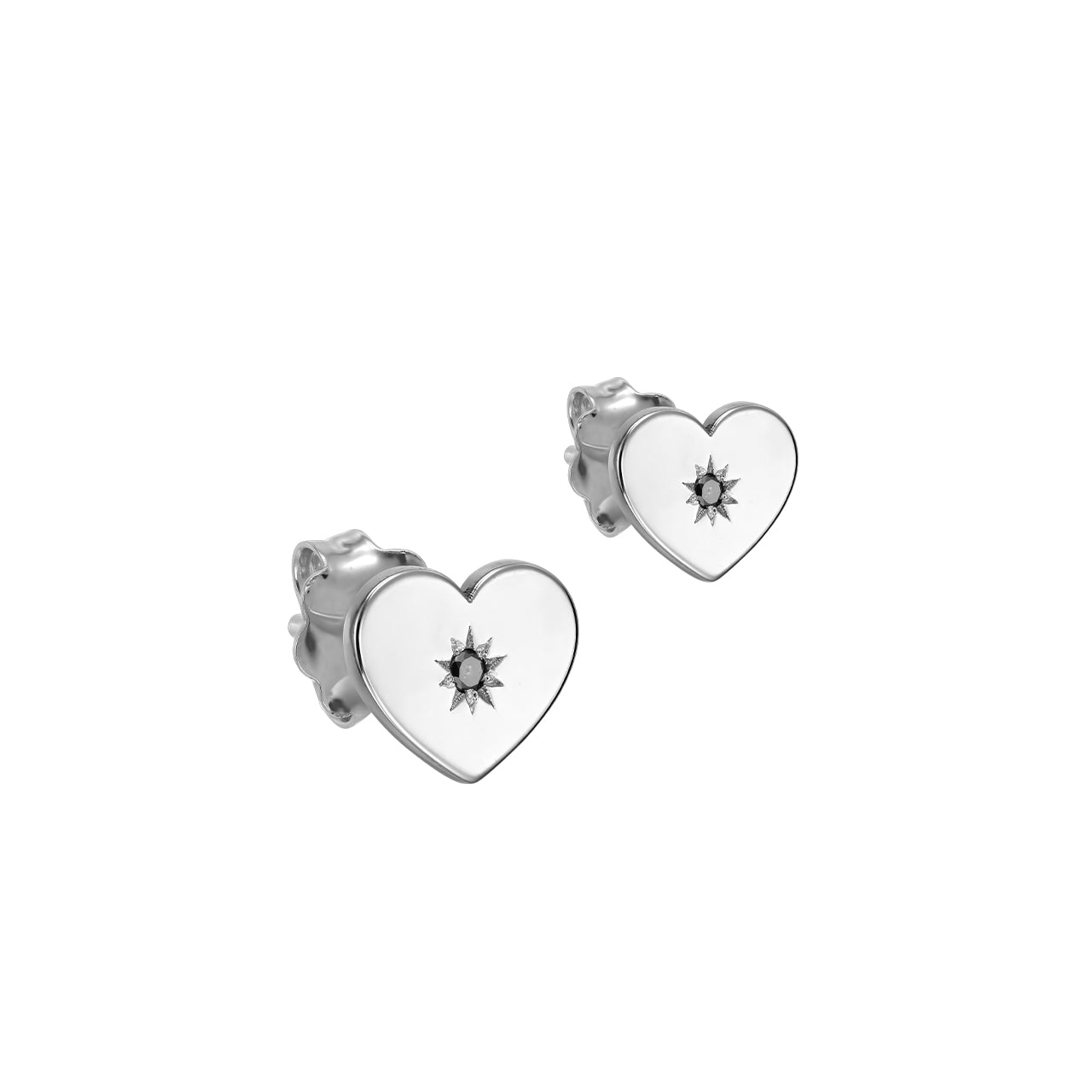 Stud Earrings Listen to Your Heart with black diamonds, in white gold - zeaetsia