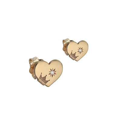 Stud earrings Hearts and Crowns with white diamonds, in rose gold - zeaetsia