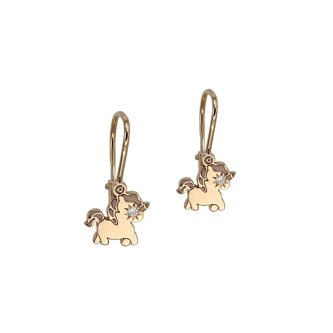 Baby Earrings Unicorns with white diamonds, in rose gold - zeaetsia
