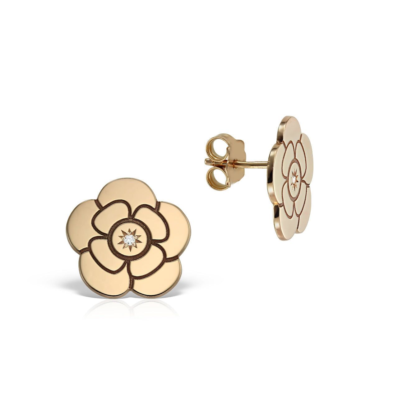 Stud Earrings Camellia with white diamonds, in rose gold - zeaetsia