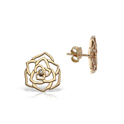 Stud Earrings Rose with white diamonds, in rose gold - zeaetsia