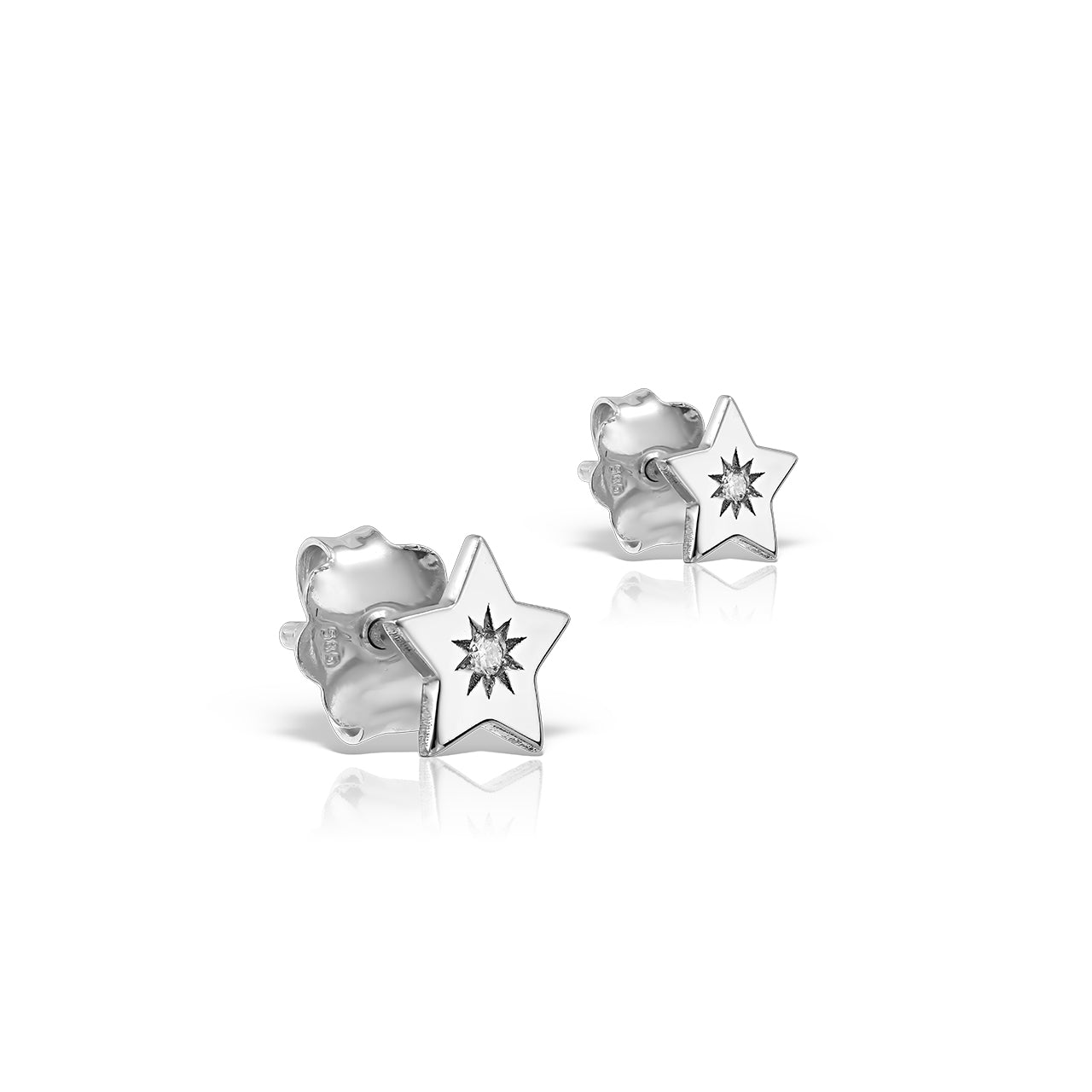 Stud Earrings Lucky Star with white diamonds, in white gold - zeaetsia