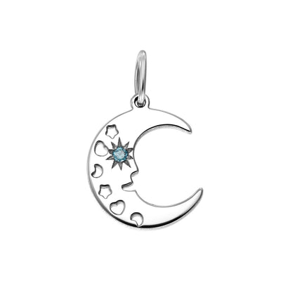 Pendant Moon Shining with blue diamond in white gold -
