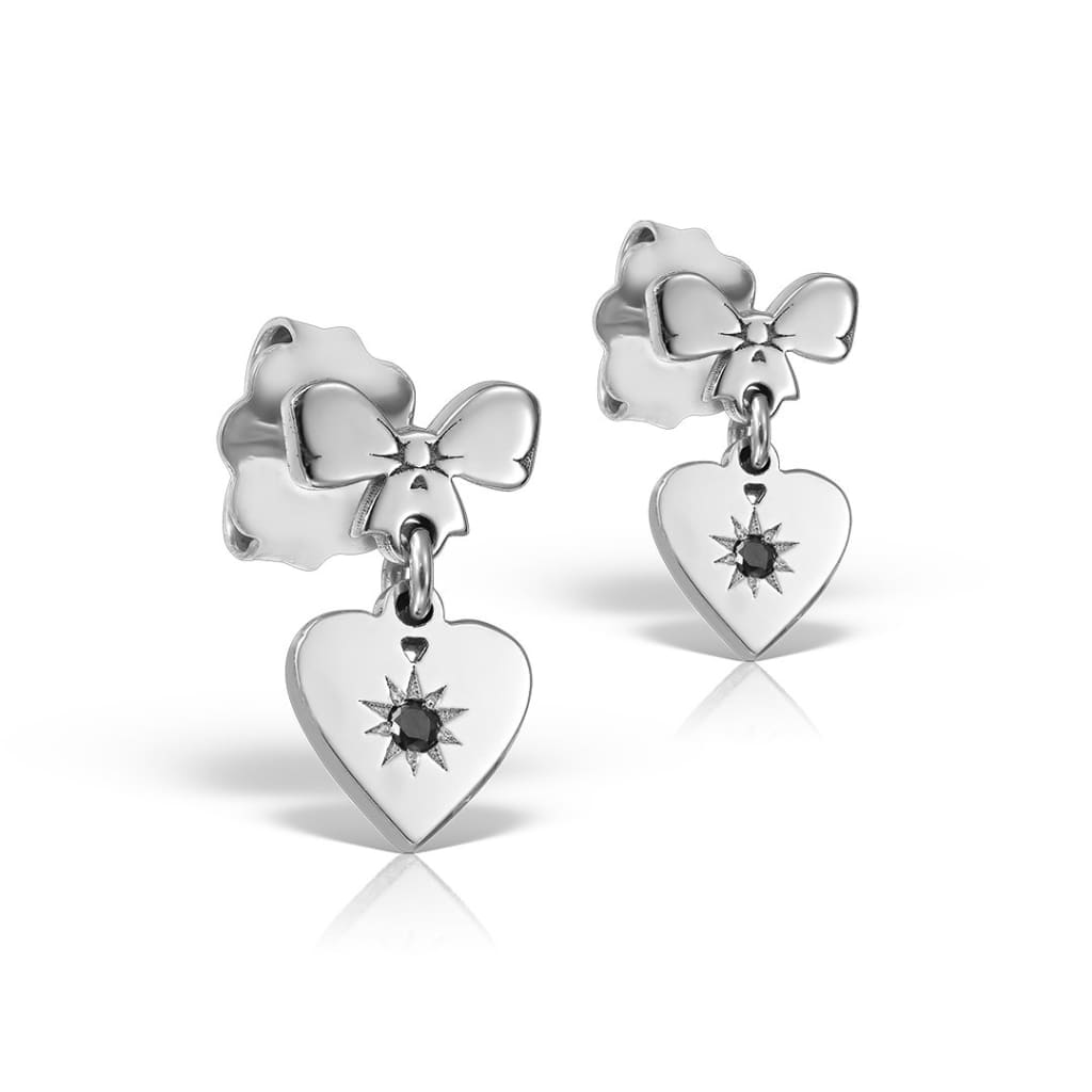 Stud Earrings Heart with a Bow with black diamonds in white