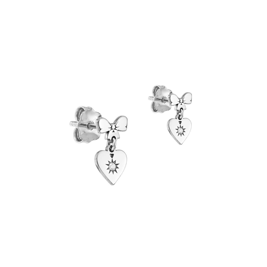 Stud Earrings Heart with a Bow with white diamonds in white