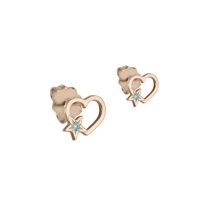 Stud Earrings Star Heart with blue diamonds, in rose gold - zeaetsia