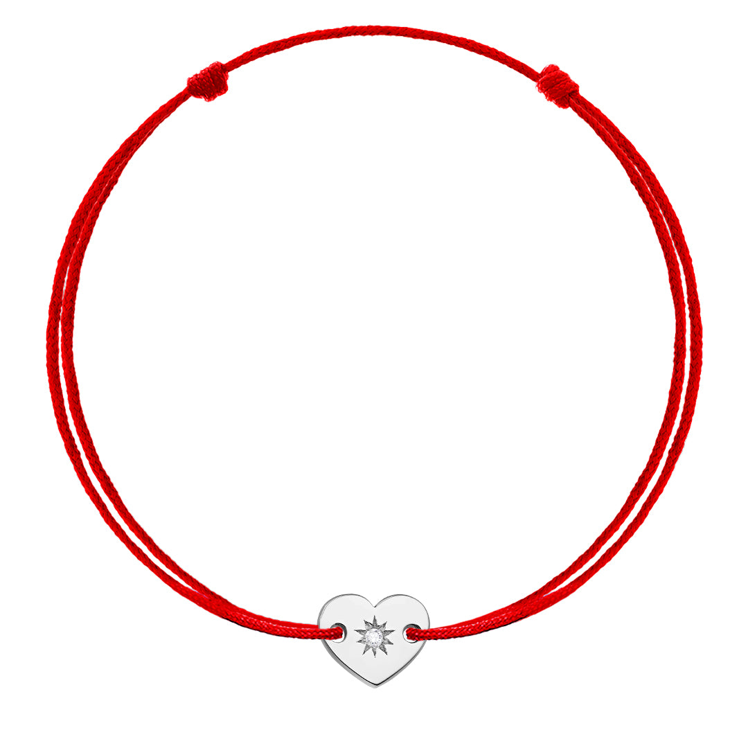 Bracelet on string Heart with white diamond, in white gold - zeaetsia